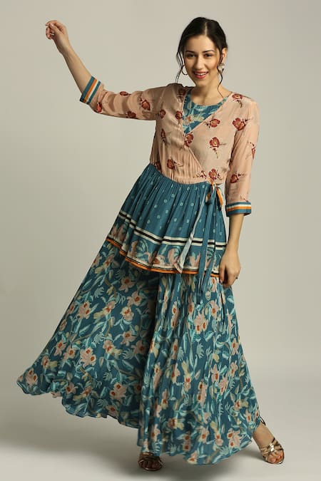 Buy_Soup By Sougat Paul_Blue Crepe Floral, Sequins V Neck Printed Angrakha Jacket And Jumpsuit Set _Online_at_Aza_Fashions