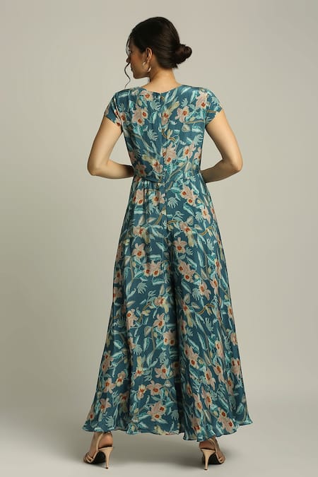 Shop_Soup By Sougat Paul_Blue Crepe Floral, Sequins V Neck Printed Angrakha Jacket And Jumpsuit Set _Online_at_Aza_Fashions