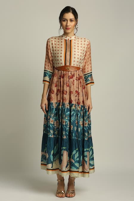 Soup By Sougat Paul_Blue Cotton Silk Floral Band Collar Print Dress With Belt _Online_at_Aza_Fashions