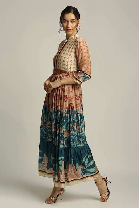 Buy_Soup By Sougat Paul_Blue Cotton Silk Floral Band Collar Print Dress With Belt _Online_at_Aza_Fashions