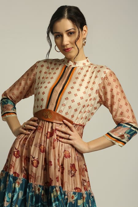 Shop_Soup By Sougat Paul_Blue Cotton Silk Floral Band Collar Print Dress With Belt _Online_at_Aza_Fashions