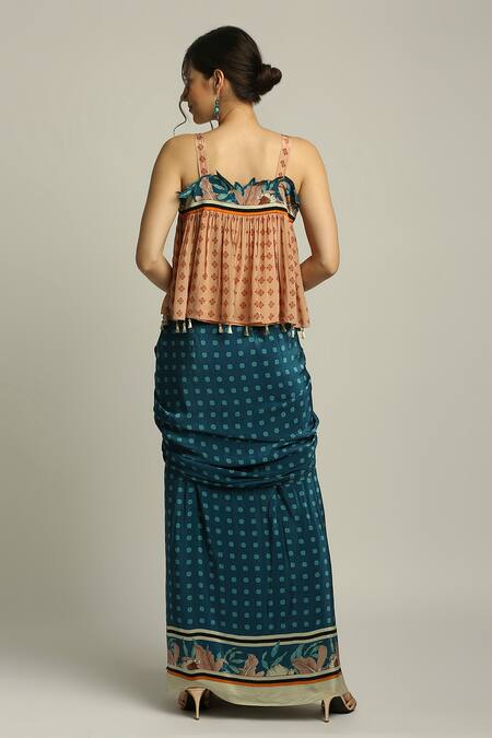 Shop_Soup By Sougat Paul_Blue Organza, Crepe Floral Square Neck Print Jacket Skirt Set _Online_at_Aza_Fashions