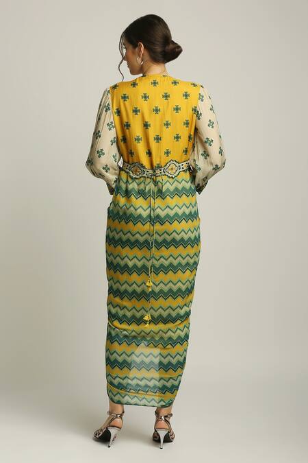 Shop Soup By Sougat Paul Yellow Muslin Crepe Geometric V Neck Print Dress With Belt at Aza Fashions Shop_Soup By Sougat Paul_Yellow Muslin Crepe Geometric V Neck Print Dress With Belt _at_Aza_Fashions