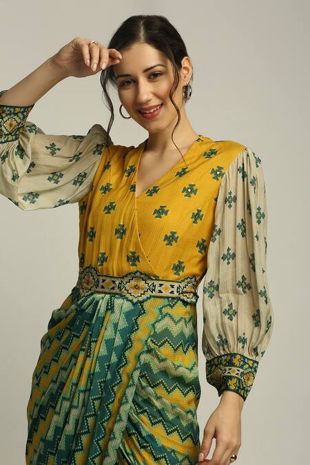 Shop Soup By Sougat Paul Yellow Muslin Crepe Geometric V Neck Print Dress With Belt Online at Aza Fashions Shop_Soup By Sougat Paul_Yellow Muslin Crepe Geometric V Neck Print Dress With Belt _Online_at_Aza_Fashions