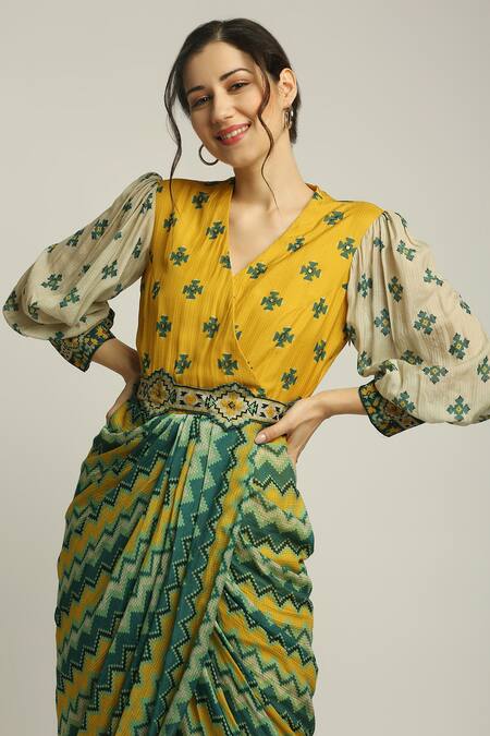 Soup By Sougat Paul Yellow Muslin Crepe Geometric V Neck Print Dress With Belt at Aza Fashions Soup By Sougat Paul_Yellow Muslin Crepe Geometric V Neck Print Dress With Belt _at_Aza_Fashions