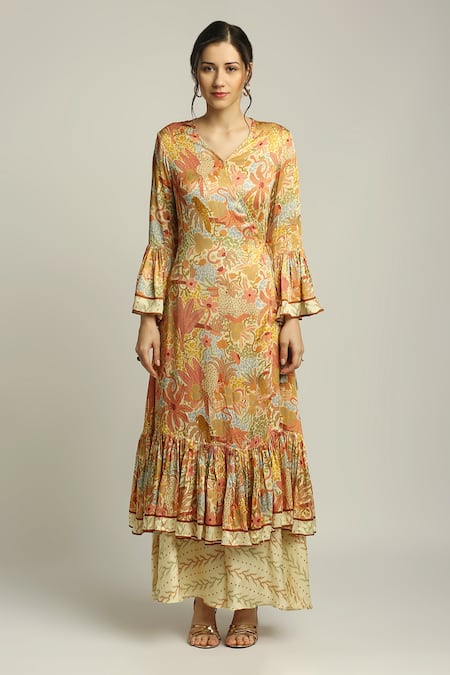 Soup By Sougat Paul_Yellow Satin Forest Print V Neck Angrakha Kurta And Pant Set _Online_at_Aza_Fashions