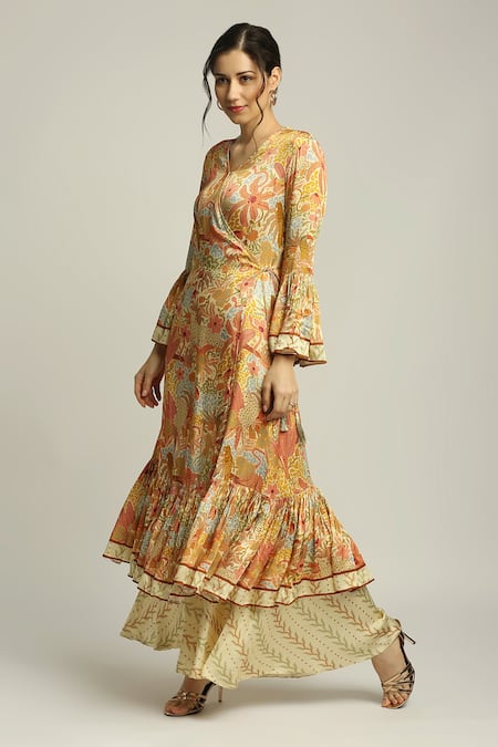 Buy_Soup By Sougat Paul_Yellow Satin Forest Print V Neck Angrakha Kurta And Pant Set _Online_at_Aza_Fashions