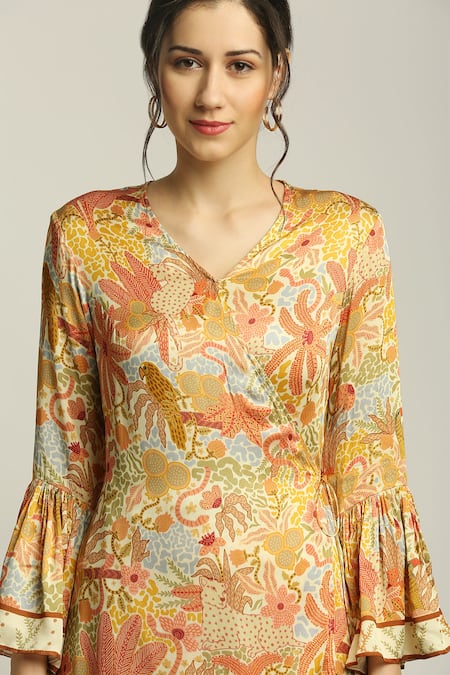 Soup By Sougat Paul_Yellow Satin Forest Print V Neck Angrakha Kurta And Pant Set _at_Aza_Fashions