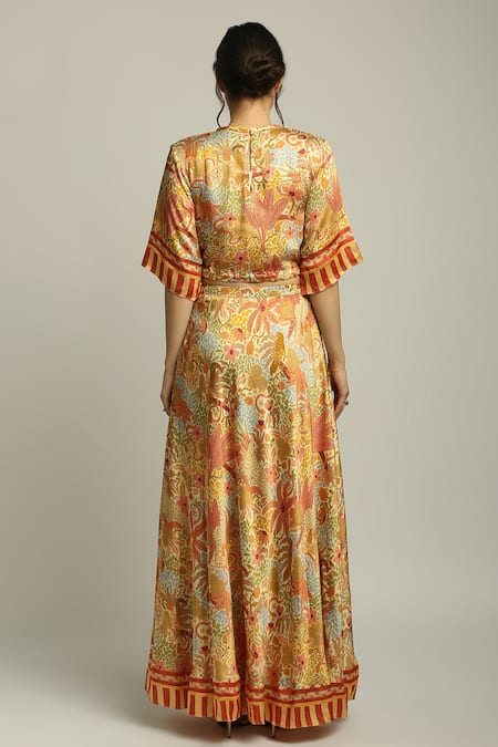 Shop Soup By Sougat Paul Yellow Satin Forest Print Round Skirt Set at Aza Fashions Shop_Soup By Sougat Paul_Yellow Satin Forest Print Round Skirt Set _at_Aza_Fashions