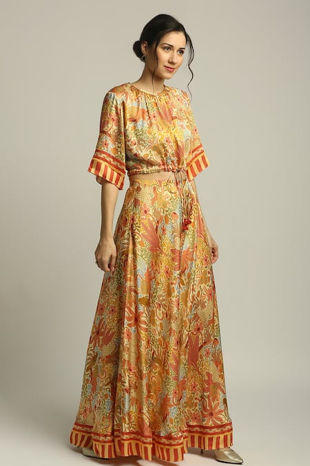 Soup By Sougat Paul Yellow Satin Forest Print Round Skirt Set Online at Aza Fashions Soup By Sougat Paul_Yellow Satin Forest Print Round Skirt Set _Online_at_Aza_Fashions