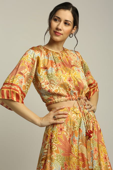 Shop Soup By Sougat Paul Yellow Satin Forest Print Round Skirt Set Online at Aza Fashions Shop_Soup By Sougat Paul_Yellow Satin Forest Print Round Skirt Set _Online_at_Aza_Fashions