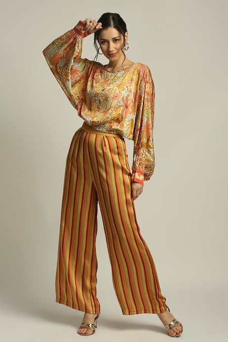 Buy Soup By Sougat Paul Yellow Satin Striped, Forest Print Round Groove Pant Set Online at Aza Fashions Buy_Soup By Sougat Paul_Yellow Satin Striped, Forest Print Round Groove Pant Set _Online_at_Aza_Fashions