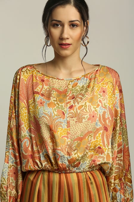 Shop Soup By Sougat Paul Yellow Satin Striped, Forest Print Round Groove Pant Set Online at Aza Fashions Shop_Soup By Sougat Paul_Yellow Satin Striped, Forest Print Round Groove Pant Set _Online_at_Aza_Fashions