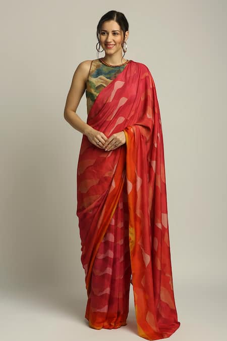 Soup by Sougat Paul Red Satin Printed Shadow Round Pre-draped Saree With Blouse