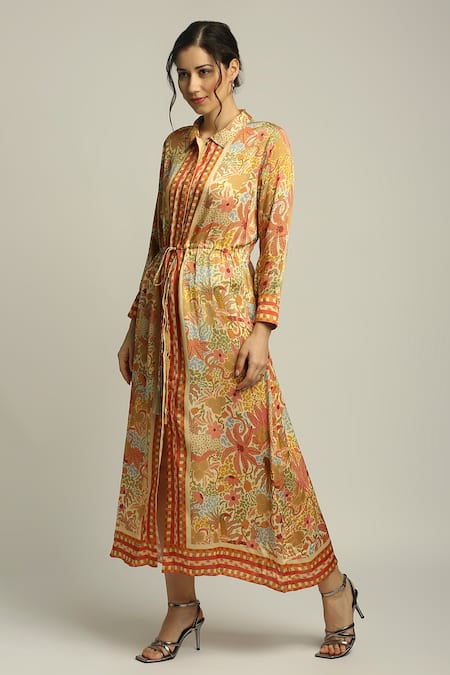 Buy_Soup By Sougat Paul_Yellow Satin Forest Print Straight Collar Groove Dress _Online_at_Aza_Fashions
