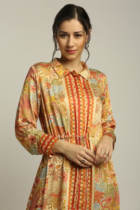 Shop_Soup By Sougat Paul_Yellow Satin Forest Print Straight Collar Groove Dress _Online_at_Aza_Fashions
