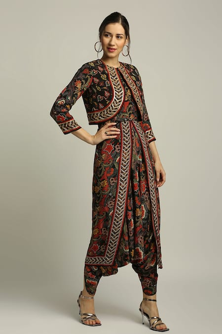 Soup By Sougat Paul_Black Crepe Sequins, Batik Print V Neck Jacket And Jumpsuit Set _Online_at_Aza_Fashions