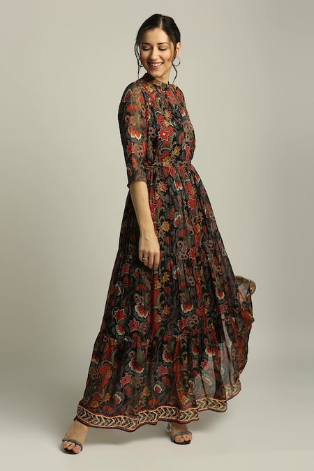 Soup By Sougat Paul_Black Chiffon Batik Print High Neck Dress _Online_at_Aza_Fashions