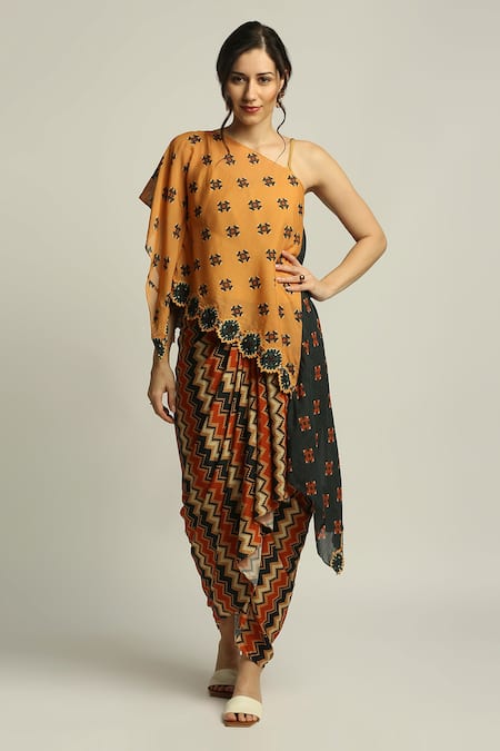 Soup by Sougat Paul One Shoulder Top & Draped Skirt Set 