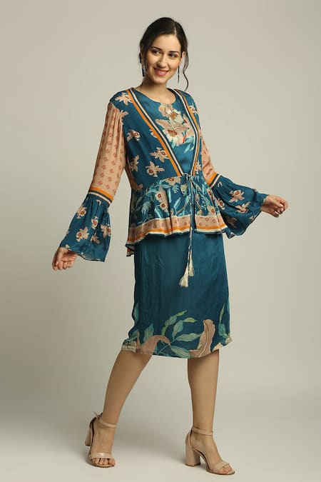 Soup By Sougat Paul_Blue Crepe Floral Round Print Jacket And Dress Set _Online_at_Aza_Fashions