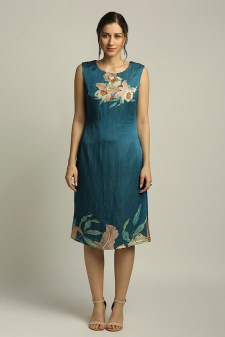 Buy_Soup By Sougat Paul_Blue Crepe Floral Round Print Jacket And Dress Set _Online_at_Aza_Fashions