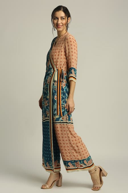 Buy_Soup By Sougat Paul_Blue Crepe Floral V Neck Print Angrakha Jumpsuit _Online_at_Aza_Fashions