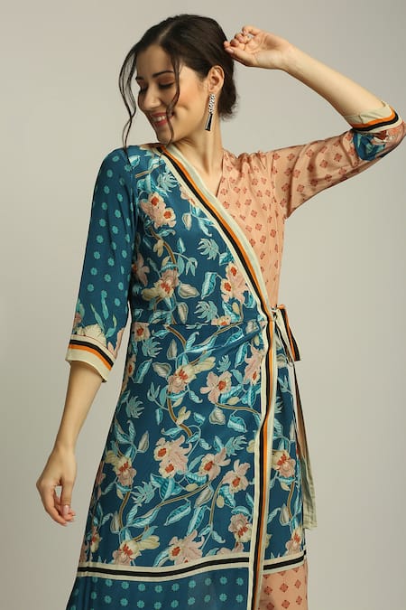 Shop_Soup By Sougat Paul_Blue Crepe Floral V Neck Print Angrakha Jumpsuit _Online_at_Aza_Fashions