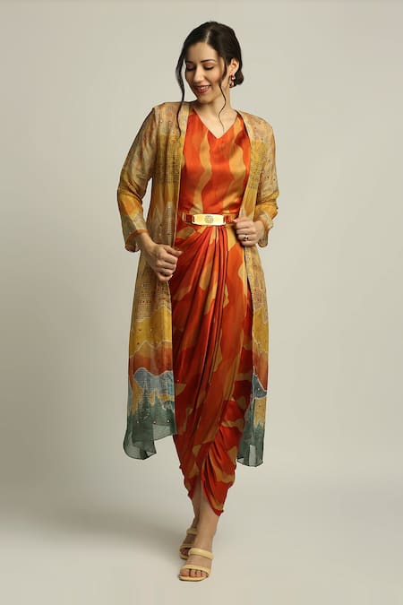 Soup by Sougat Paul Printed Jacket & Draped Dress Set 