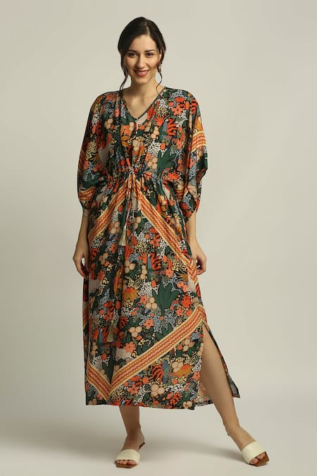 Soup By Sougat Paul Black Crepe Forest Print V Neck Groove Kaftan