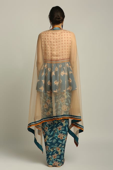 Shop_Soup by Sougat Paul_Blue Net, Crepe Stripe Print Open Selvedge Cape _at_Aza_Fashions