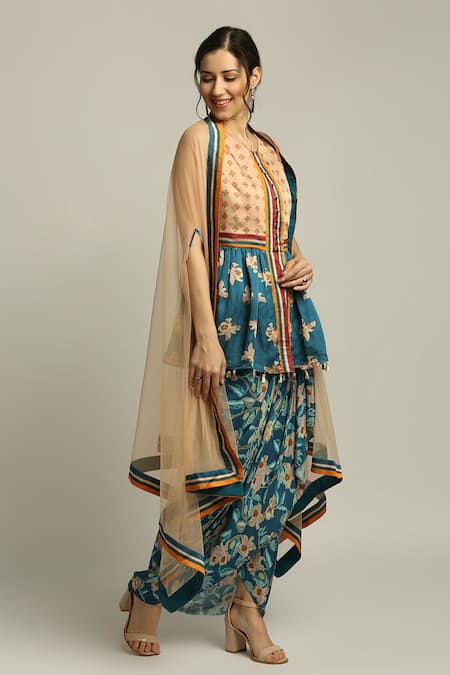 Soup by Sougat Paul_Blue Net, Crepe Stripe Print Open Selvedge Cape _Online_at_Aza_Fashions