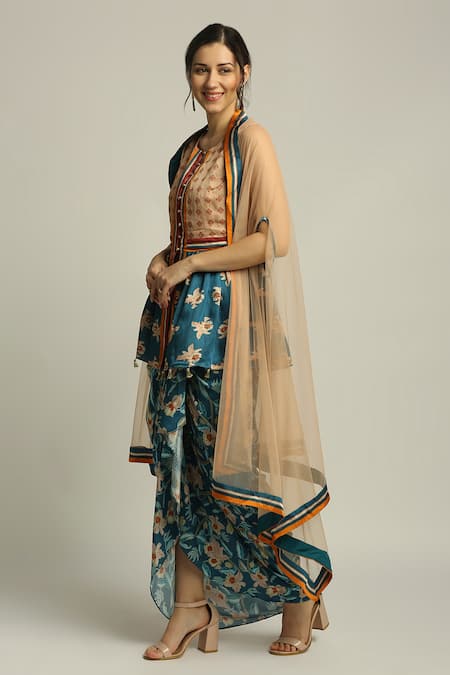 Buy_Soup by Sougat Paul_Blue Net, Crepe Stripe Print Open Selvedge Cape _Online_at_Aza_Fashions
