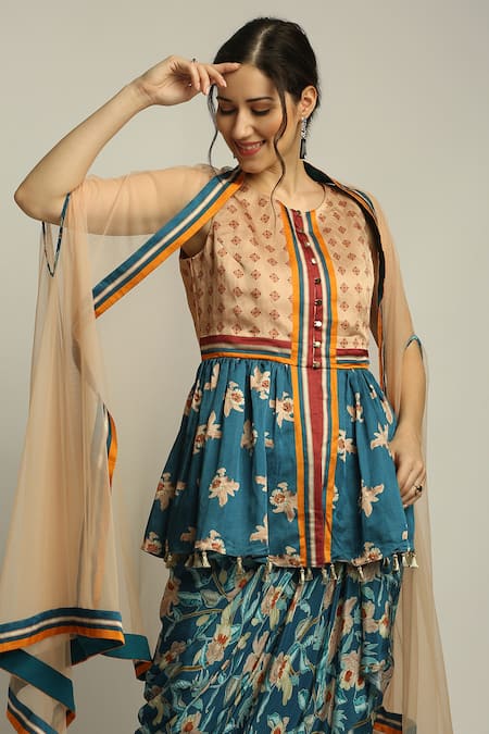 Shop_Soup by Sougat Paul_Blue Net, Crepe Stripe Print Open Selvedge Cape _Online_at_Aza_Fashions