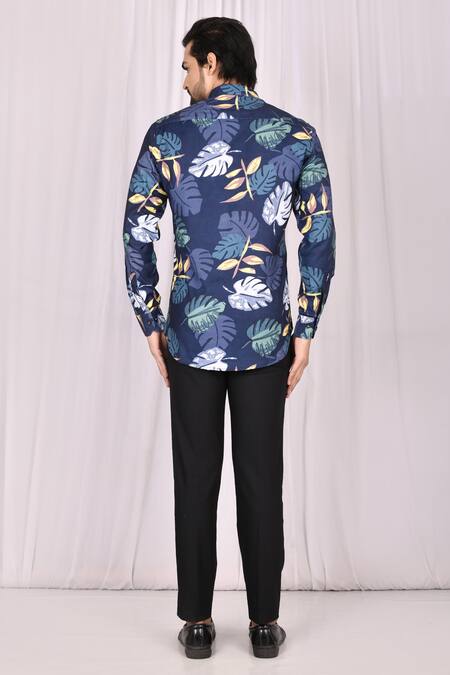 Shop_Aryavir Malhotra_Blue Cotton Monstera Print Shirt_at_Aza_Fashions