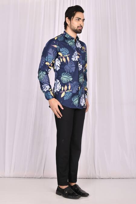 Aryavir Malhotra_Blue Cotton Monstera Print Shirt_Online_at_Aza_Fashions