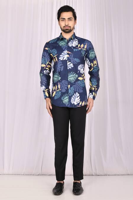 Buy_Aryavir Malhotra_Blue Cotton Monstera Print Shirt_Online_at_Aza_Fashions