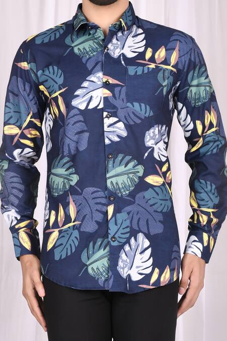 Shop_Aryavir Malhotra_Blue Cotton Monstera Print Shirt_Online_at_Aza_Fashions