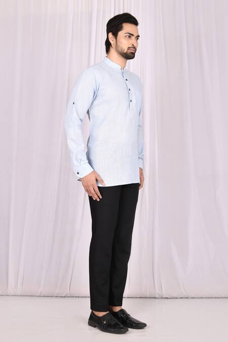 Samyukta Singhania_Blue Cotton, Linen Short Kurta_Online_at_Aza_Fashions