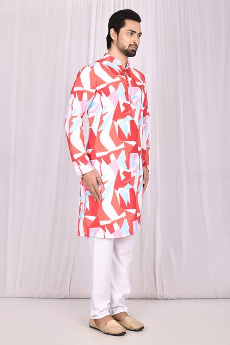 Samyukta Singhania_Red Cotton Printed Abstract Kurta Set_Online_at_Aza_Fashions