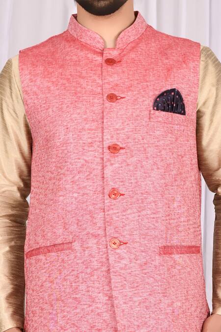 Shop_Samyukta Singhania_Pink Poly Viscose Plain Mandarin Collared Bundi Kurta Set_Online_at_Aza_Fashions