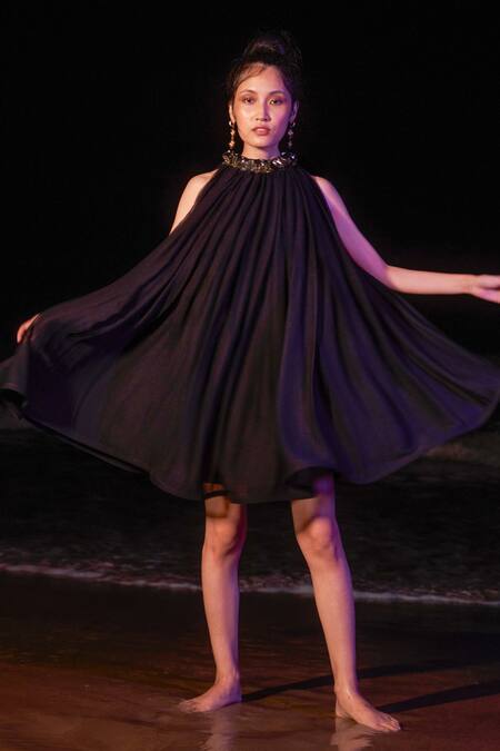 Therealb_Black 100% Viscose High Neck Chiffon Circular Dress_Online_at_Aza_Fashions