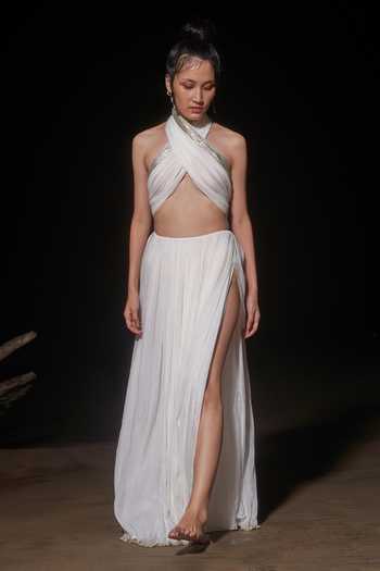 Therealb_White 100% Viscose Halter Metallic Top And Pleated Skirt Set_Online_at_Aza_Fashions