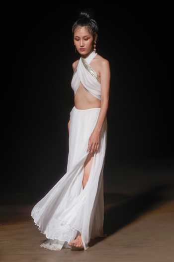 Buy_Therealb_White 100% Viscose Halter Metallic Top And Pleated Skirt Set_Online_at_Aza_Fashions