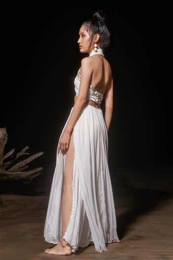 Therealb_White 100% Viscose Halter Metallic Top And Pleated Skirt Set_at_Aza_Fashions