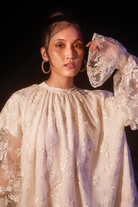 Shop_Therealb_Beige 100% Viscose Floral Motifs Round Poet Sleeves Embroidered Dress _at_Aza_Fashions