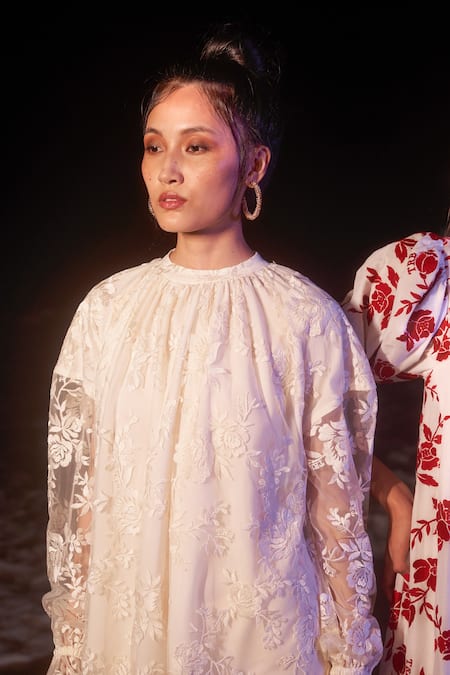 Therealb_Beige 100% Viscose Floral Motifs Round Poet Sleeves Embroidered Dress _Online_at_Aza_Fashions
