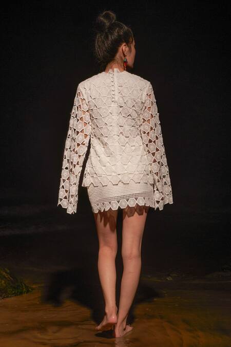 Shop_Therealb_White 100% Cotton High Neck Hexagon Cut Work Top And Skirt Set _at_Aza_Fashions