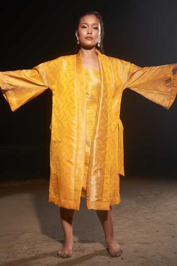 Buy_Therealb_Yellow 100% Viscose Square Neck Jacquard Slip Dress _Online_at_Aza_Fashions
