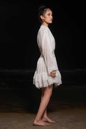 Therealb_White 100% Viscose Round Puff Sleeve Pleated Dress _Online_at_Aza_Fashions