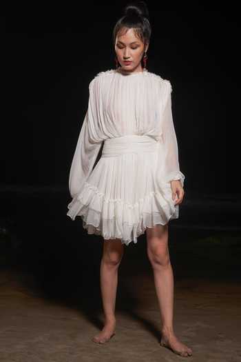 Shop_Therealb_White 100% Viscose Round Puff Sleeve Pleated Dress _Online_at_Aza_Fashions